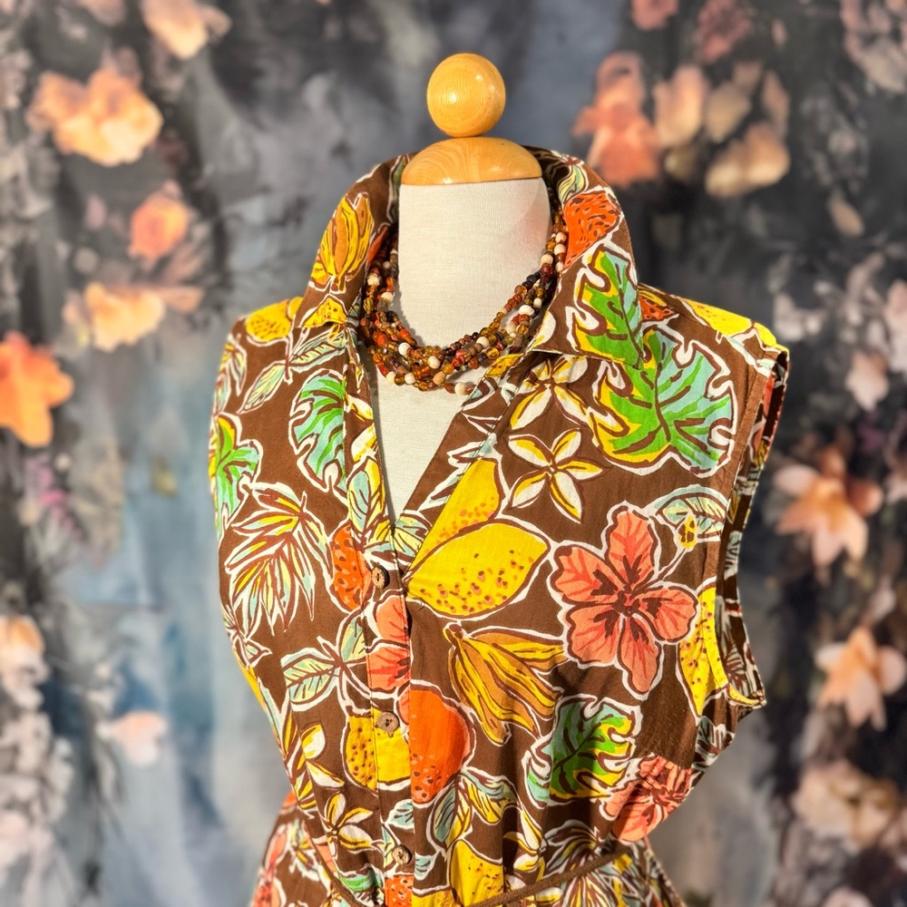 Sleeveless Brown Tropical Print Midi Dress - Multicolor - Picture 3 of 9